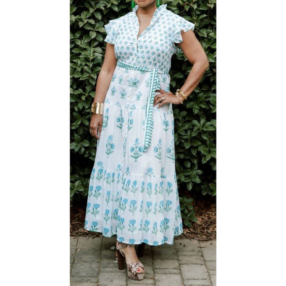 OLIPHANT Ruffle Collar Button Maxi Dress Blue White Block Print Tuckernuck M - Picture 4 of 9